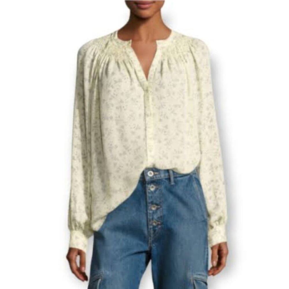 Vince 100% Silk Smocked Long Sleeve Button Down Cream with Gray Floral Print S
